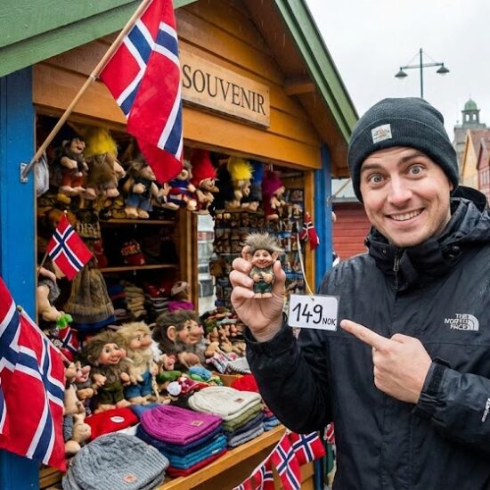 Zdjęcie uśmiechniętego turysty stojącego przed kolorowym stojakiem z pamiątkami na zabytkowym nabrzeżu Bryggen w Bergen.