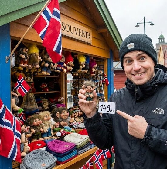 Zdjęcie uśmiechniętego turysty stojącego przed kolorowym stojakiem z pamiątkami na zabytkowym nabrzeżu Bryggen w Bergen.