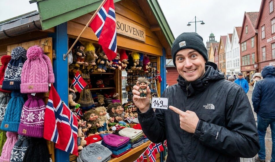 Zdjęcie uśmiechniętego turysty stojącego przed kolorowym stojakiem z pamiątkami na zabytkowym nabrzeżu Bryggen w Bergen.