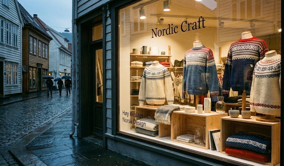 Zdjęcie witryny butiku w Bergen, pokazujące pięknie wyeksponowane swetry we wzory nordyckie. Zdjęcie witryny butiku w Bergen, pokazujące pięknie wyeksponowane swetry we wzory nordyckie.