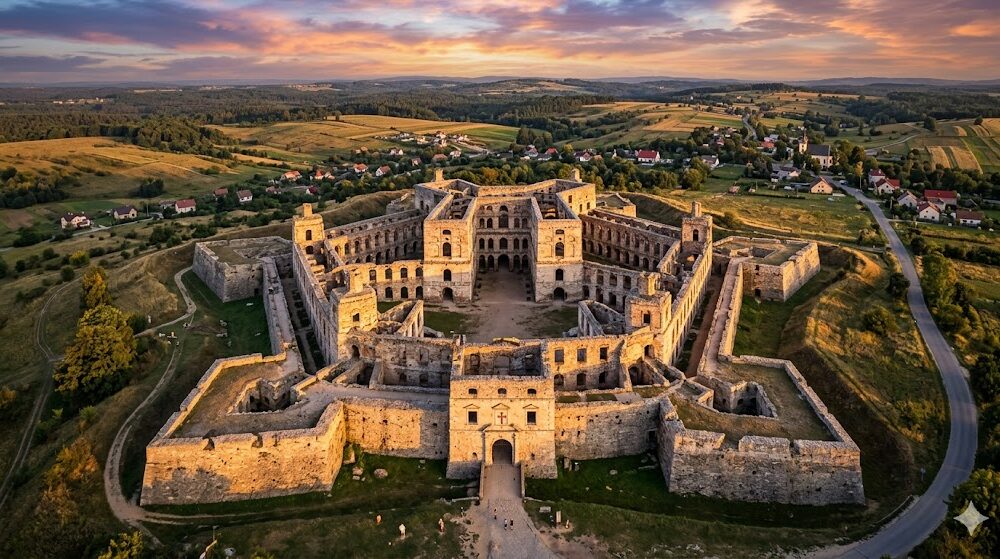 Epickie, szerokie ujęcie Zamku Krzyżtopór z lotu ptaka (z drona) w świetle zachodzącego słońca.