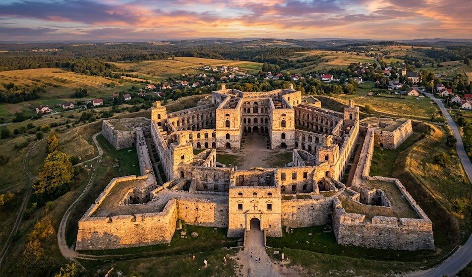 Epickie, szerokie ujęcie Zamku Krzyżtopór z lotu ptaka (z drona) w świetle zachodzącego słońca.