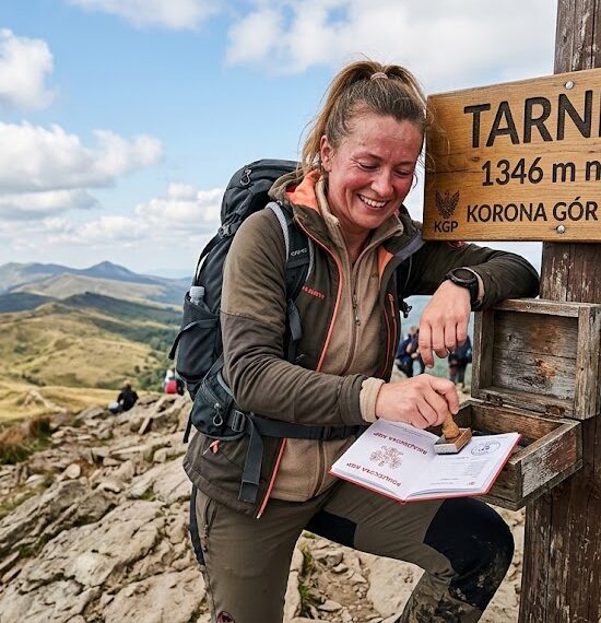 Kadr pokazujący zmęczoną, ale uśmiechniętą osobę na szczycie góry, opierającą się o drewnianą tabliczkę z nazwą szczytu Tarnica