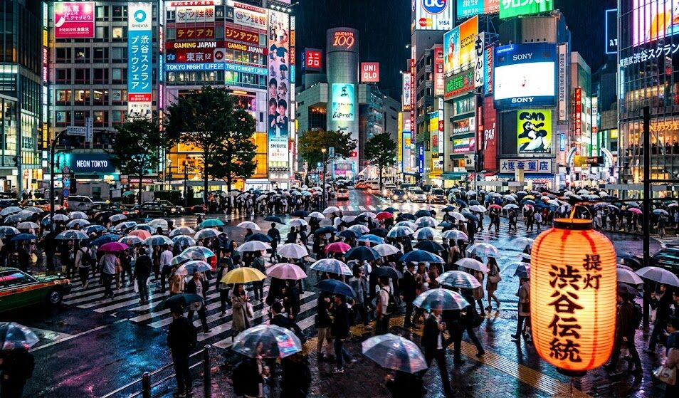 Nocny, dynamiczny kadr ze skrzyżowania Shibuya w Tokio.