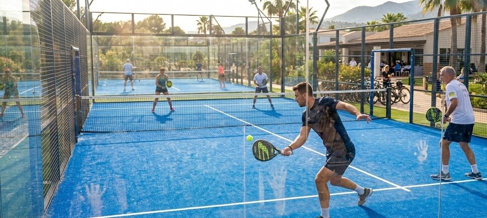 Panoramiczne zdjęcie pokazujące otwarty kort do padla w słoneczny dzień.