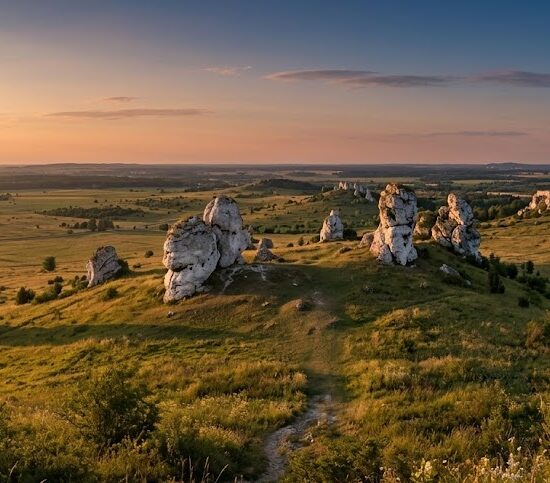 Szeroki kadr pokazujący łagodne, trawiaste wzniesienie, z którego wyrastają imponujące, białe skały wapienne