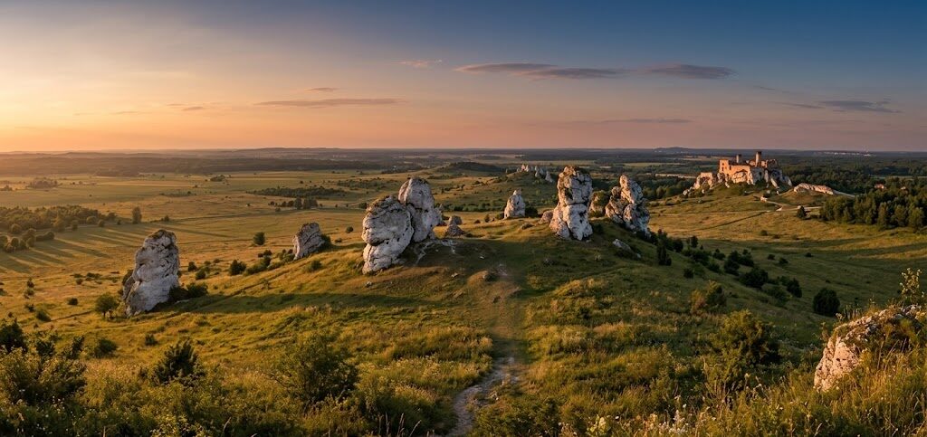 Szeroki kadr pokazujący łagodne, trawiaste wzniesienie, z którego wyrastają imponujące, białe skały wapienne