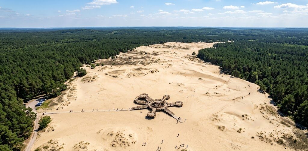 Szeroki kadr z drona na Pustynię Błędowską zrobiony w pełnym słońcu