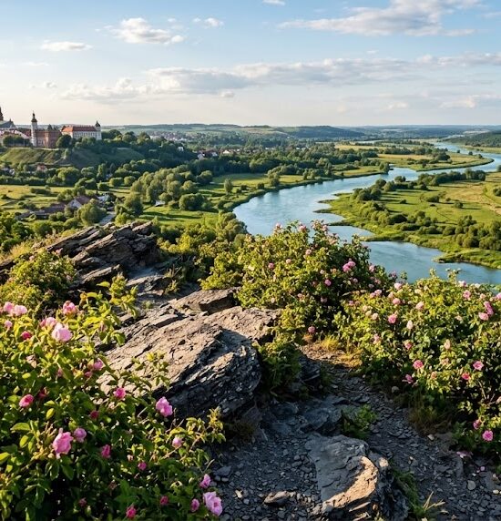 Szeroki kadr ze szczytu łagodnego wzniesienia Gór Pieprzowych.