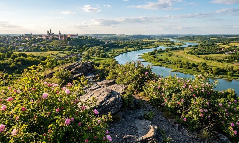 Szeroki kadr ze szczytu łagodnego wzniesienia Gór Pieprzowych.