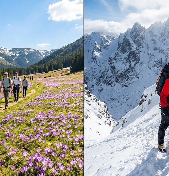 Wiosenny kadr podzielony na dwie części pokazujący górskie kontrasty