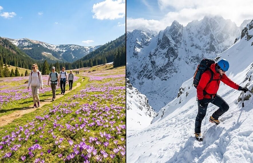 Wiosenny kadr podzielony na dwie części pokazujący górskie kontrasty