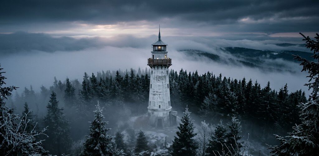 Zdjęcie kultowej, białej, betonowej wieży widokowej na szczycie Wielkiej Sowy.