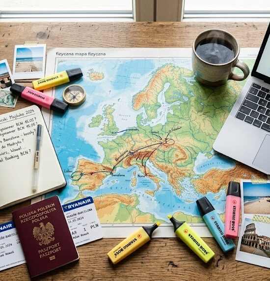 otwarta mapa fizyczna, laptop z włączoną wyszukiwarką lotów (Skyscanner), kubek parującej kawy, paszport, fizyczny notes z odręcznymi notatkami