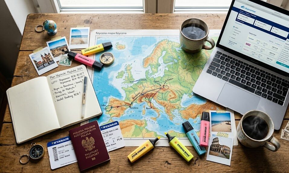 otwarta mapa fizyczna, laptop z włączoną wyszukiwarką lotów (Skyscanner), kubek parującej kawy, paszport, fizyczny notes z odręcznymi notatkami