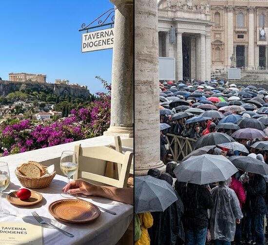 podzielony na dwie części, pokazujący kontrast wielkanocnych wyjazdów.
