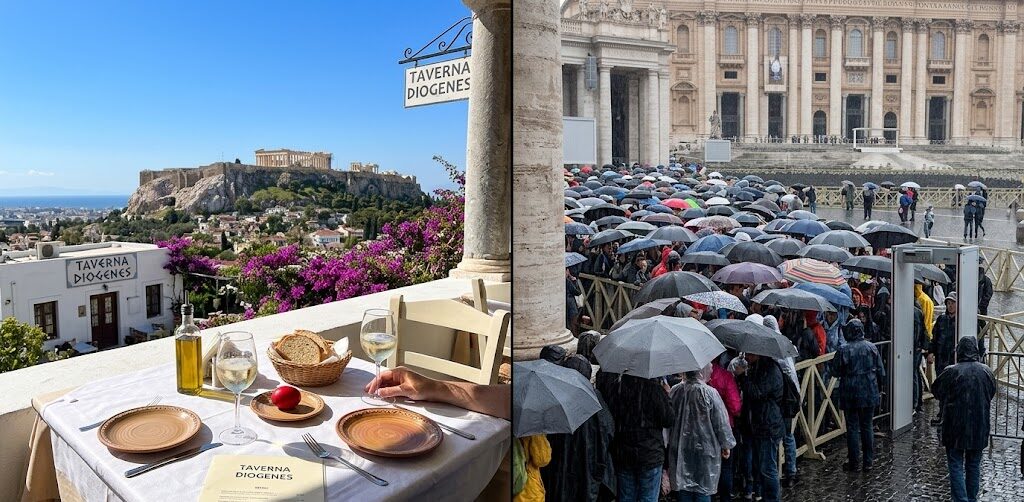 podzielony na dwie części, pokazujący kontrast wielkanocnych wyjazdów.