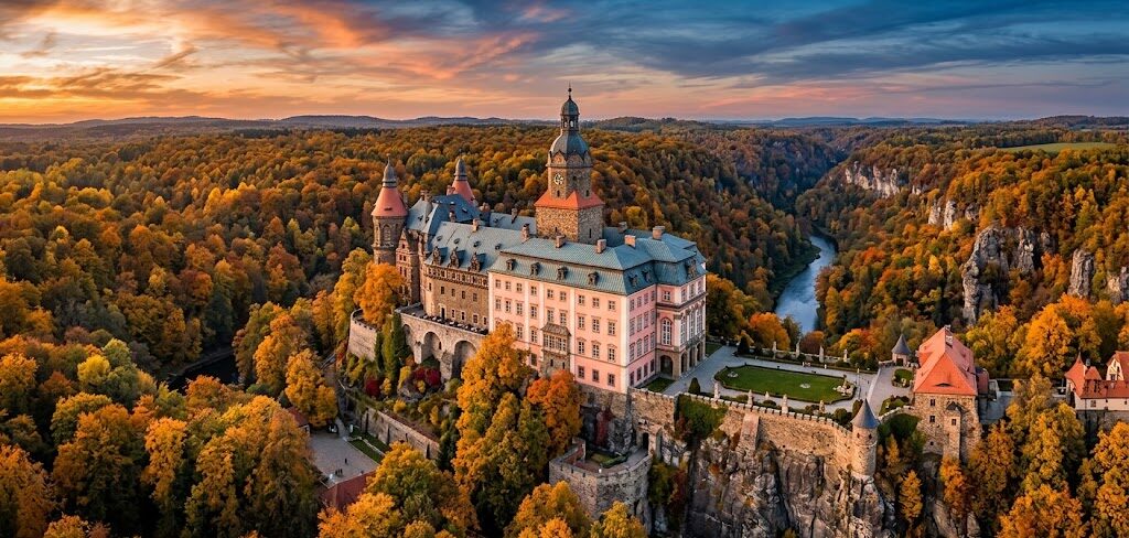 Epickie ujęcie z drona na Zamek Książ