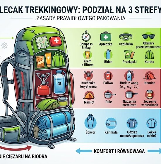Infografika pokazująca przekrój dużego plecaka trekkingowego