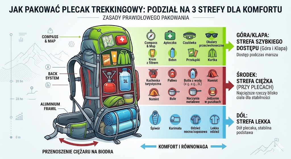 Infografika pokazująca przekrój dużego plecaka trekkingowego
