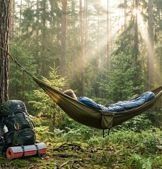 Klimatyczne ujęcie hamaka rozwieszonego między dwoma grubymi sosnami w świetle poranka.