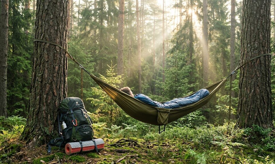 Klimatyczne ujęcie hamaka rozwieszonego między dwoma grubymi sosnami w świetle poranka.