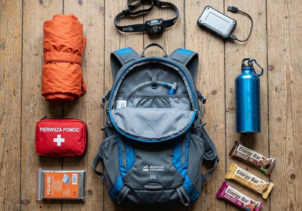 Na drewnianej, rustykalnej podłodze leży otwarty, nowoczesny plecak górski o pojemności około 25 litrów
