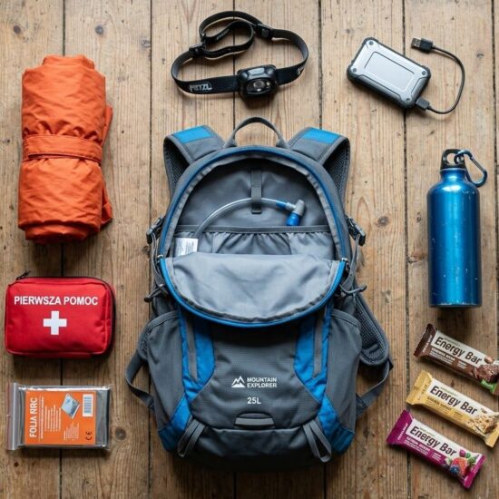 Na drewnianej, rustykalnej podłodze leży otwarty, nowoczesny plecak górski o pojemności około 25 litrów