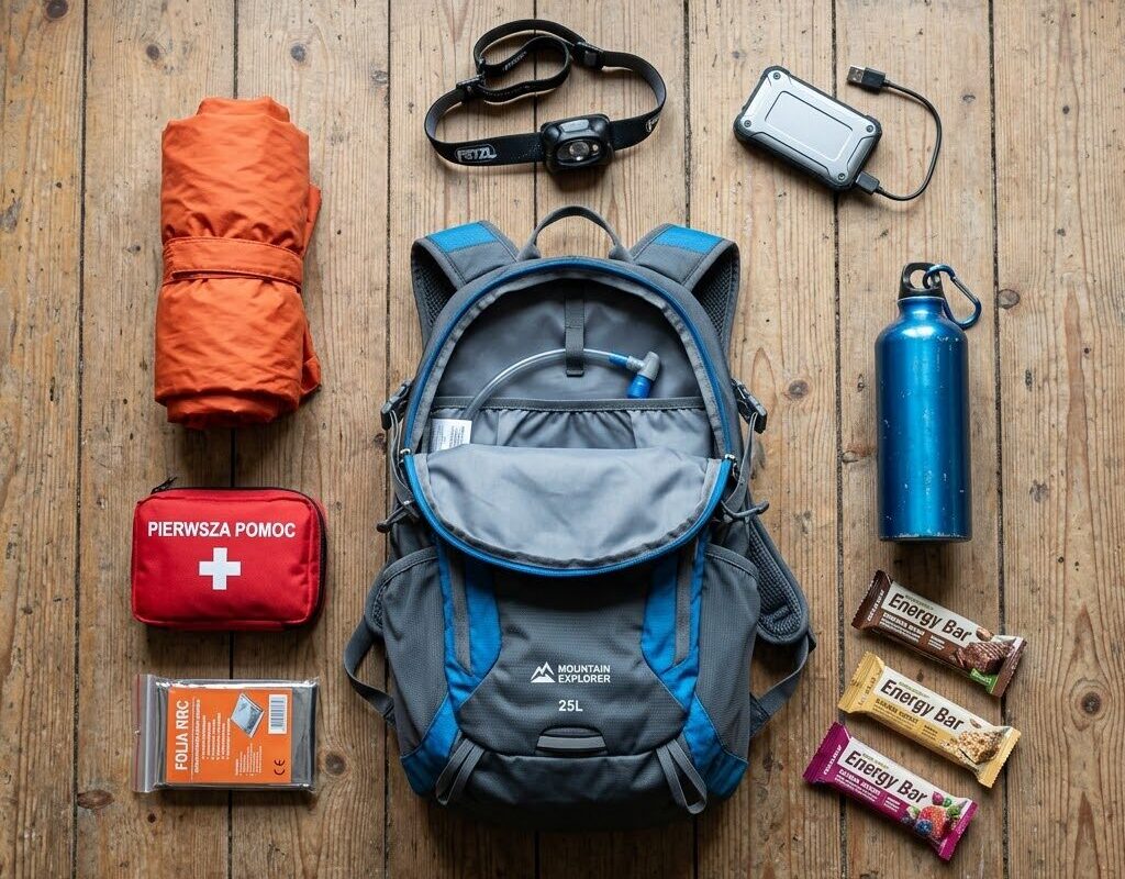 Na drewnianej, rustykalnej podłodze leży otwarty, nowoczesny plecak górski o pojemności około 25 litrów