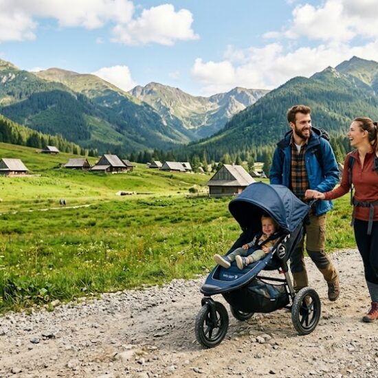 Szeroki kadr z Doliny Chochołowskiej. Na pierwszym planie młodzi rodzice pchają sportowy wózek