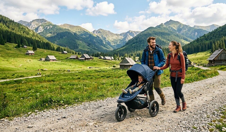 Szeroki kadr z Doliny Chochołowskiej. Na pierwszym planie młodzi rodzice pchają sportowy wózek