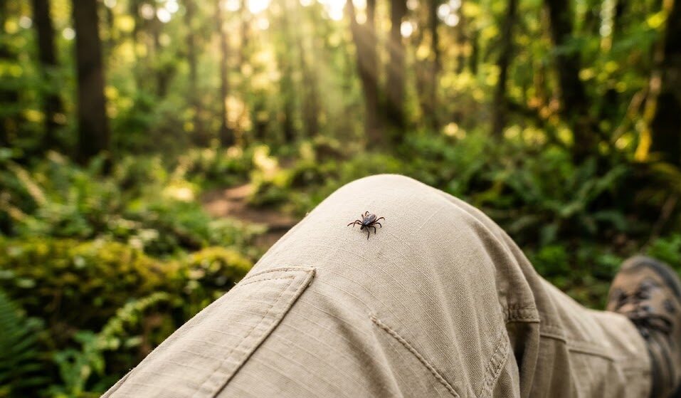 nogawka jasnych, beżowych spodni trekkingowych, po których wędruje mały, ciemny kleszcz.