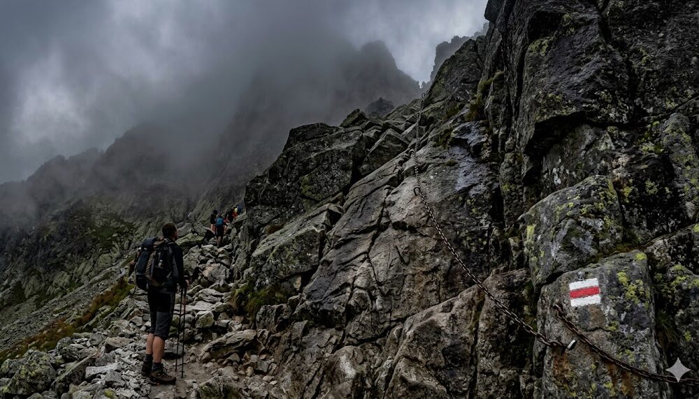 poziome ujęcie z perspektywy turysty stojącego u podnóża tzw. Grzędy na czerwonym szlaku na Rysy