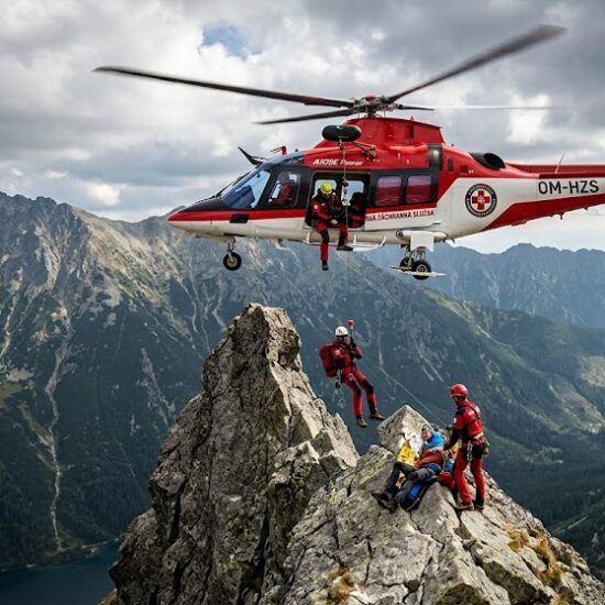 Dramatyczny kadr przedstawiający czerwono biały helikopter słowackiej Horskiej Záchrannej Služby (HZS)