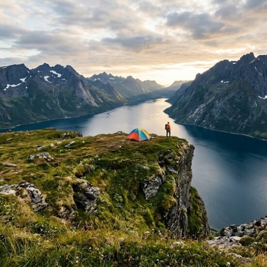 Szeroki kadr krajobrazowy pokazujący mały, kolorowy namiot trekkingowy rozbity na zielonym płaskowyżu tuż nad krawędzią norweskiego fiordu.