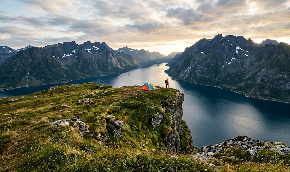 Szeroki kadr krajobrazowy pokazujący mały, kolorowy namiot trekkingowy rozbity na zielonym płaskowyżu tuż nad krawędzią norweskiego fiordu.