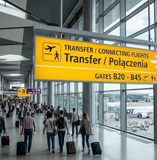 Szeroki kadr z wnętrza dużego, nowoczesnego terminala lotniskowego
