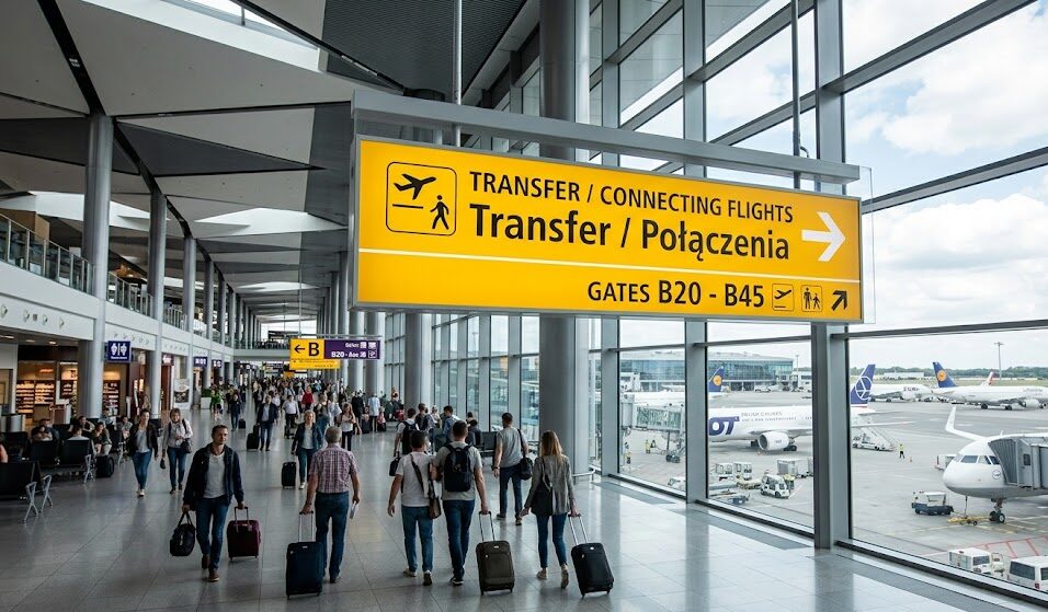 Szeroki kadr z wnętrza dużego, nowoczesnego terminala lotniskowego