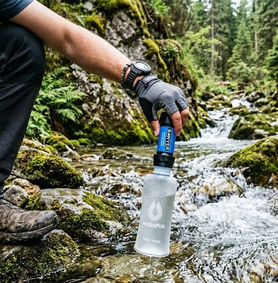 Turysta napełnia elastyczną butelkę (soft flask) z nakręconym na nią niebieskim, miniaturowym filtrem turystycznym