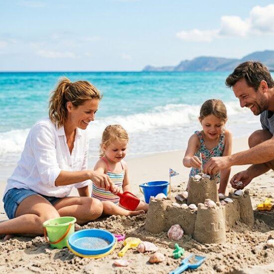 Kadr przedstawiający rodziców i pociechy bawiące się na plaży nad pięknym morzem.
