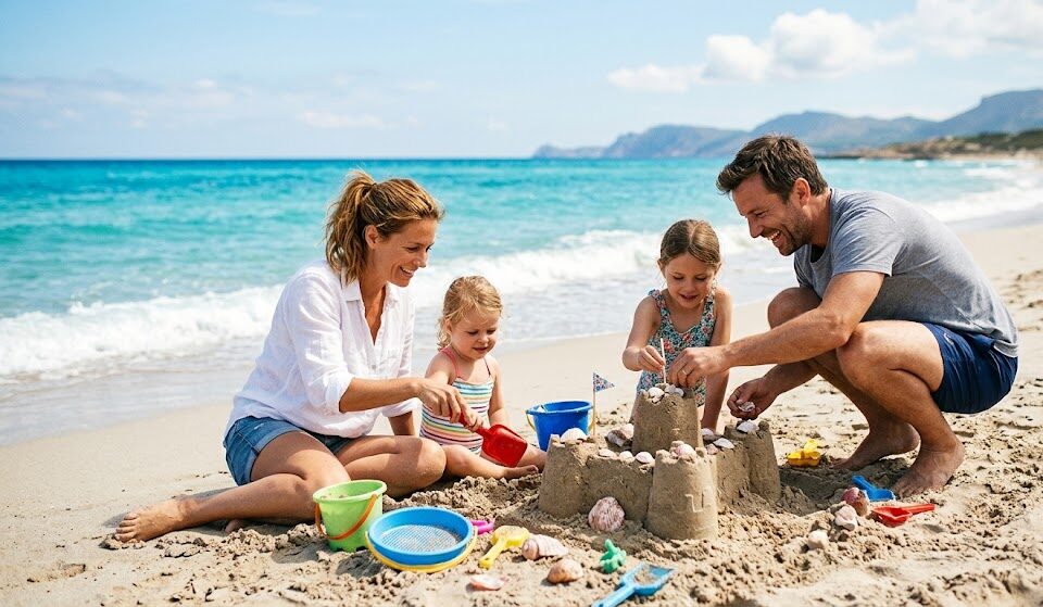 Kadr przedstawiający rodziców i pociechy bawiące się na plaży nad pięknym morzem.